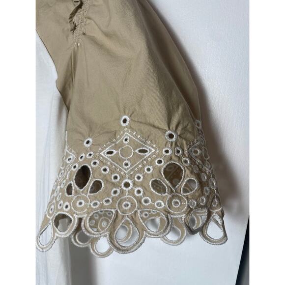 Veronica Beard Briana Embroidered Short-Puffed Sleeve Tee White & Light Khaki M - Picture 9 of 16